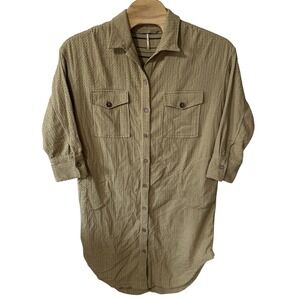 Free People Size Medium Beige Button Up Tunic Shirt Midi Dress Textured Pockets